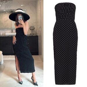 NEW WAYF Black & White POLKA DOT Birdie RUCHED Strapless SIDE SLIT Midi DRESS XS